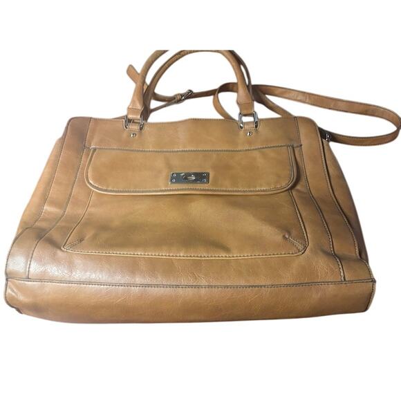 Merona Cognac Faux Leather Vegan Satchel Laptop Messenger Bag  NWOT commuter - Picture 1 of 7